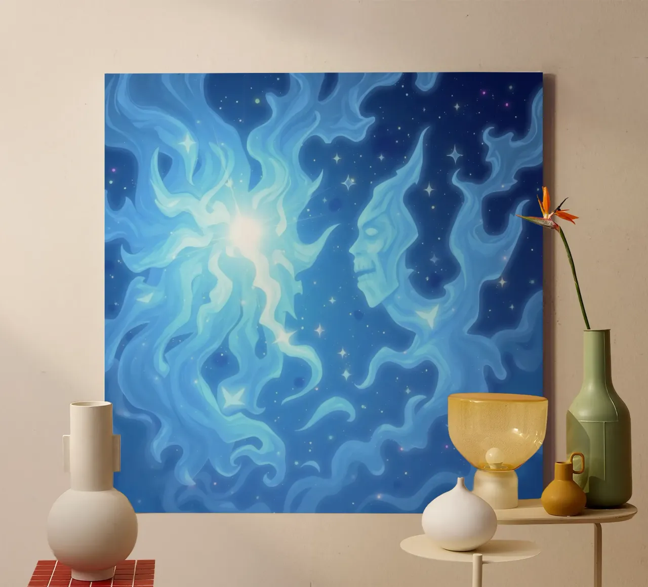 Mystical night sky with ethereal figures and glowing stars canvas with Floater frame by DesignDoodle