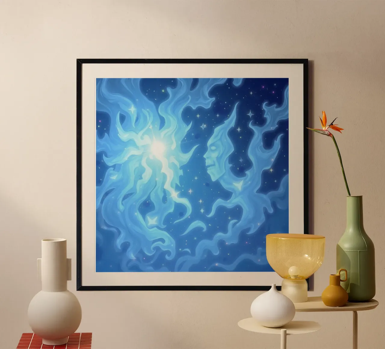 Cielo notturno mistico con figure eteree e stelle luminose carta hahnemühle da DesignDoodle
