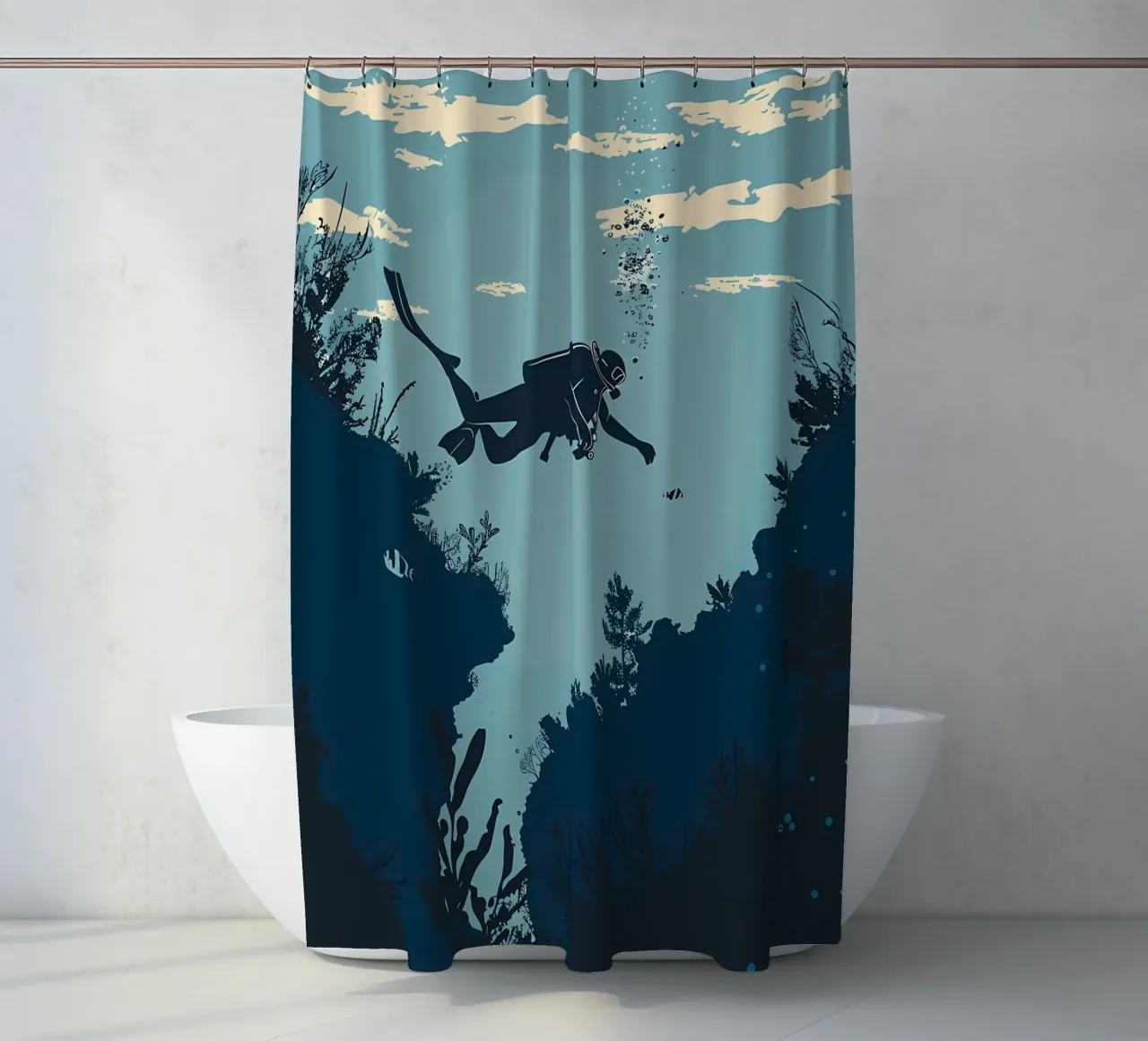 Dive Deep Breathe Easy shower curtain by Eames