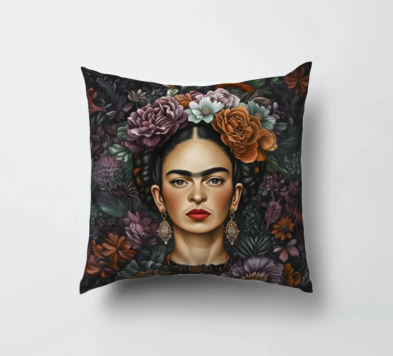 Frida Kahlo - braunes florales Muster Kissen von Carinaprint