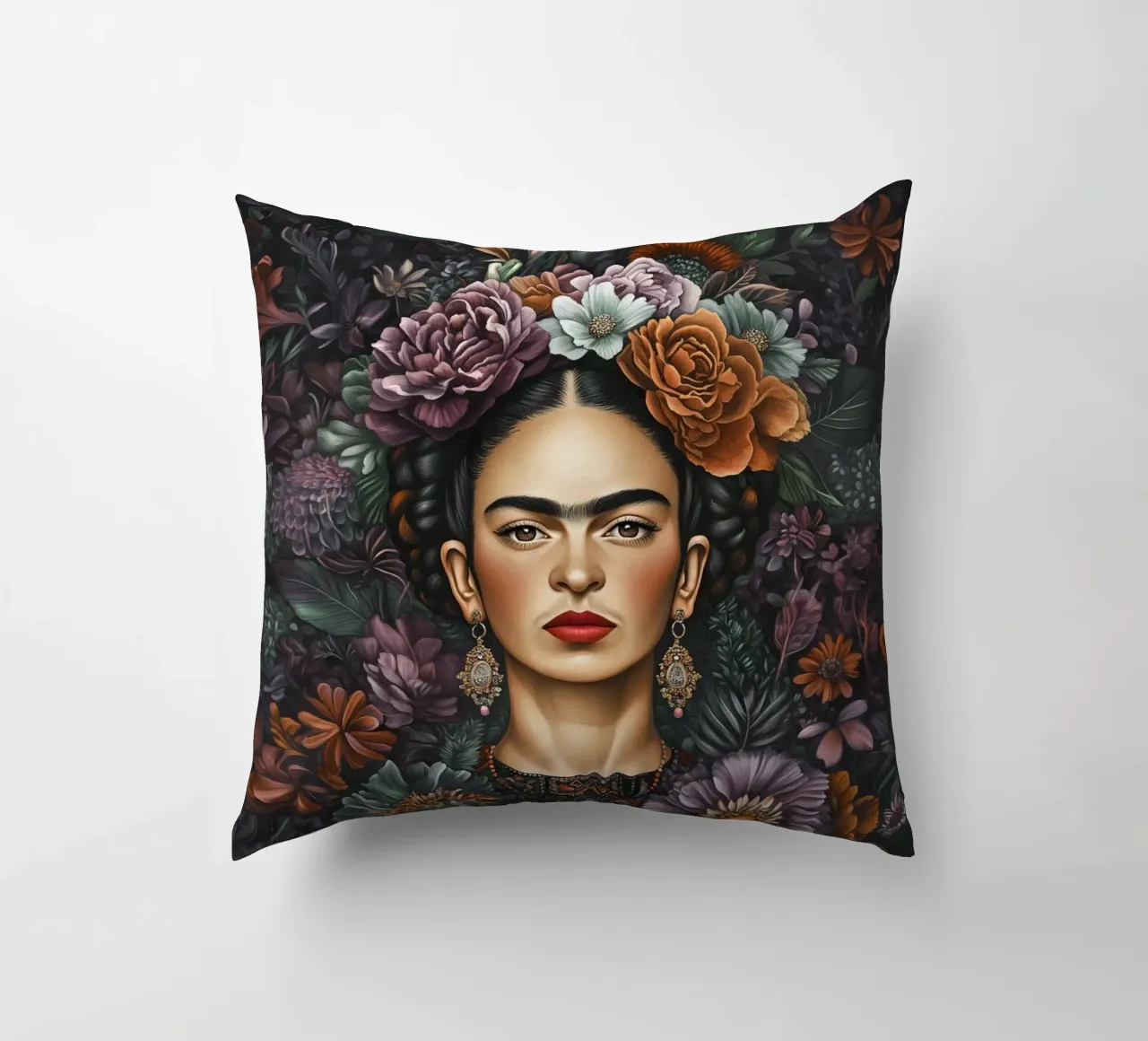 Frida Kahlo - braunes florales Muster Kissen von Carinaprint