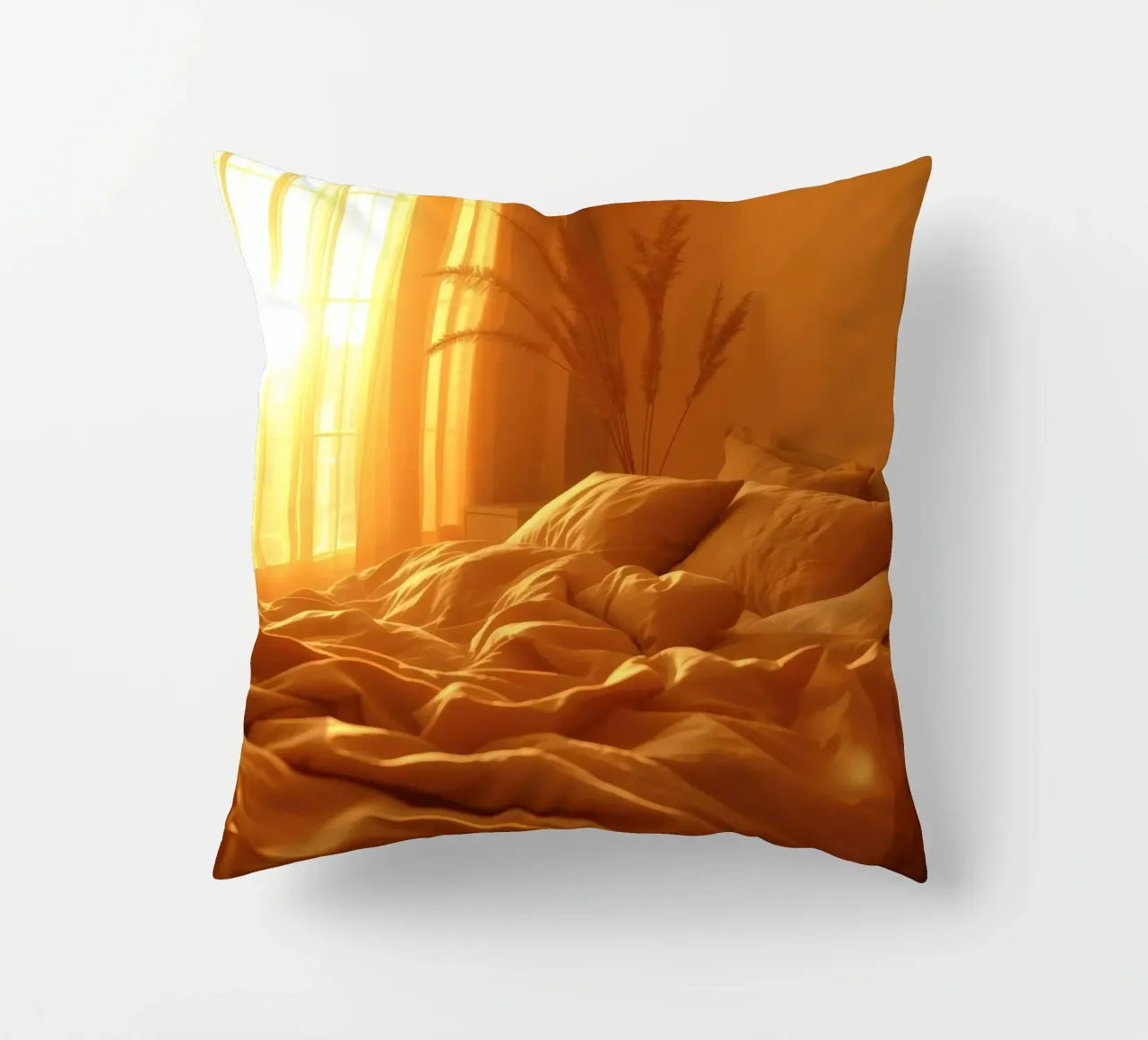 La calda luce del sole filtra attraverso le tende in un'accogliente camera da letto cuscino da DesignDoodle