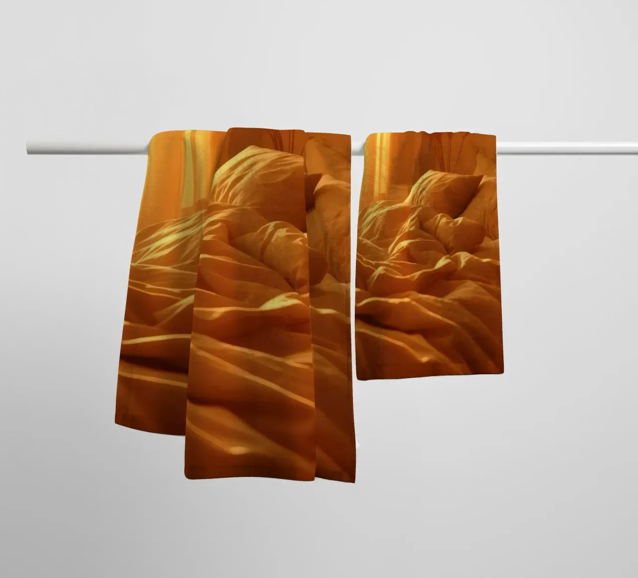 Warm sunlight filters through curtains in a cozy bedroom towel by DesignDoodle
