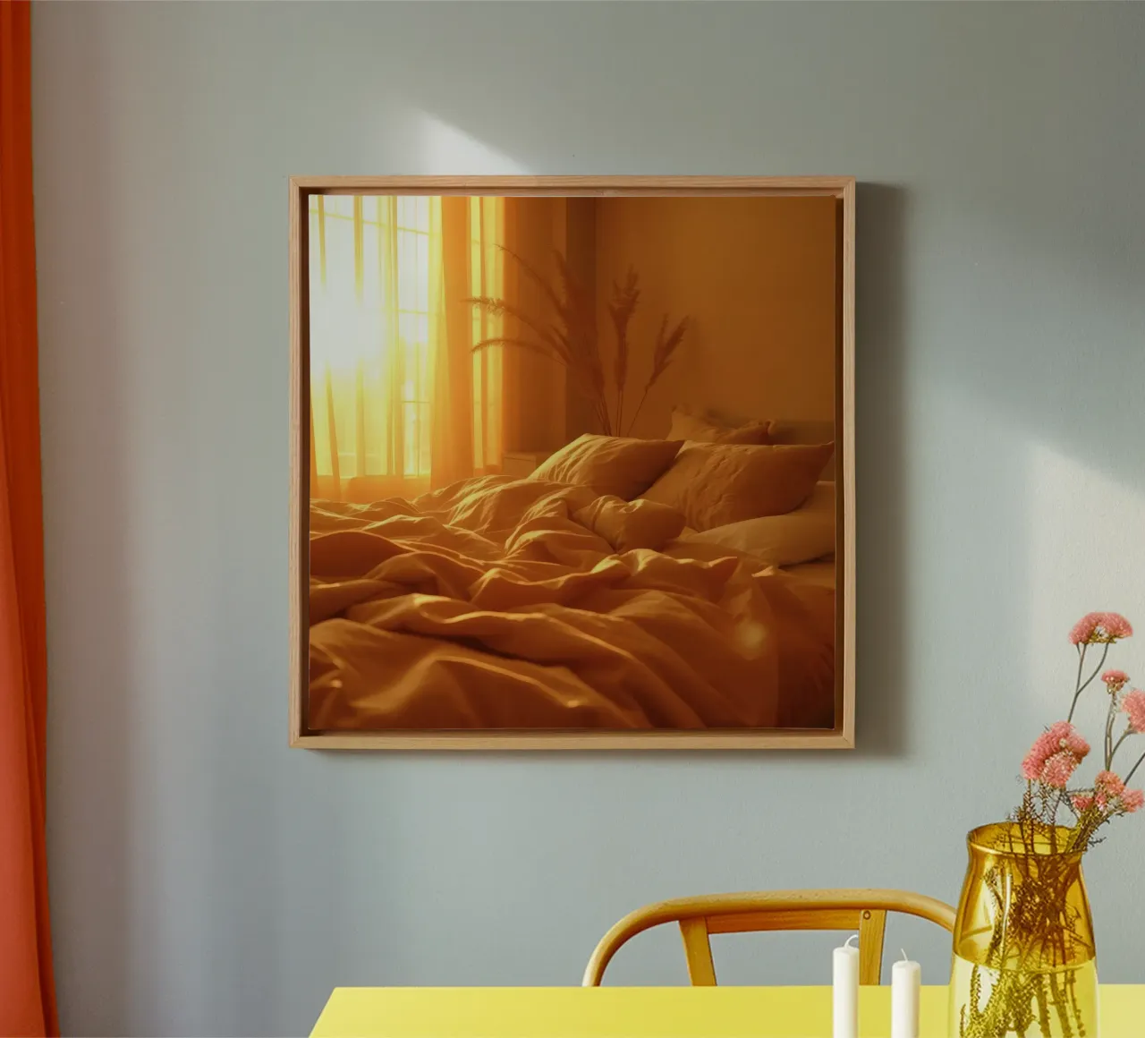 La calda luce del sole filtra attraverso le tende in un'accogliente camera da letto tela con Cornice a cassetta da DesignDoodle