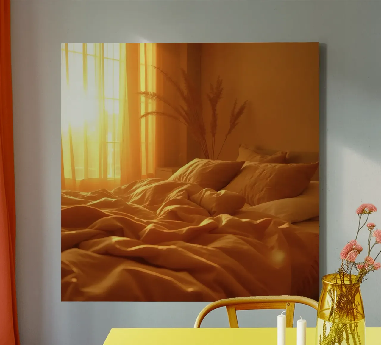 La calda luce del sole filtra attraverso le tende in un'accogliente camera da letto tela con Cornice a cassetta da DesignDoodle
