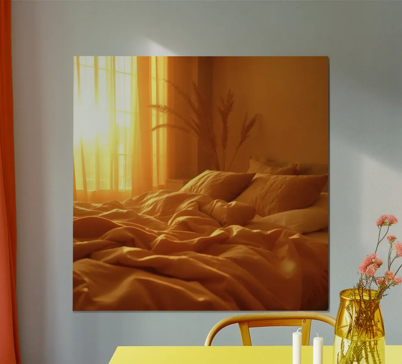 La calda luce del sole filtra attraverso le tende in un'accogliente camera da letto poster con telaio in legno da DesignDoodle