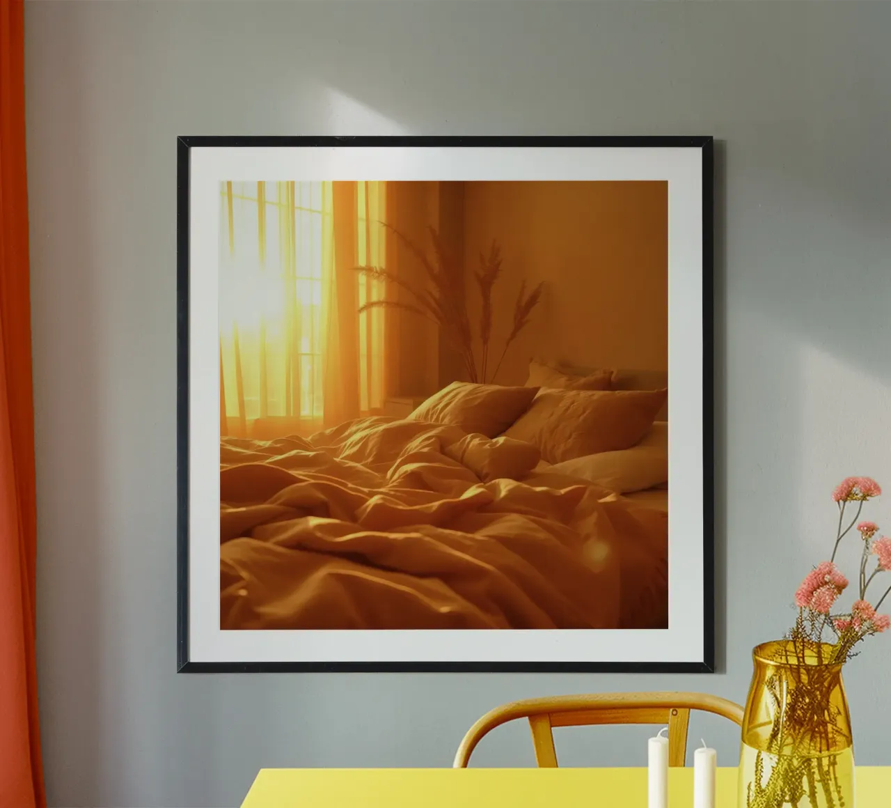 La calda luce del sole filtra attraverso le tende in un'accogliente camera da letto poster con telaio in legno da DesignDoodle