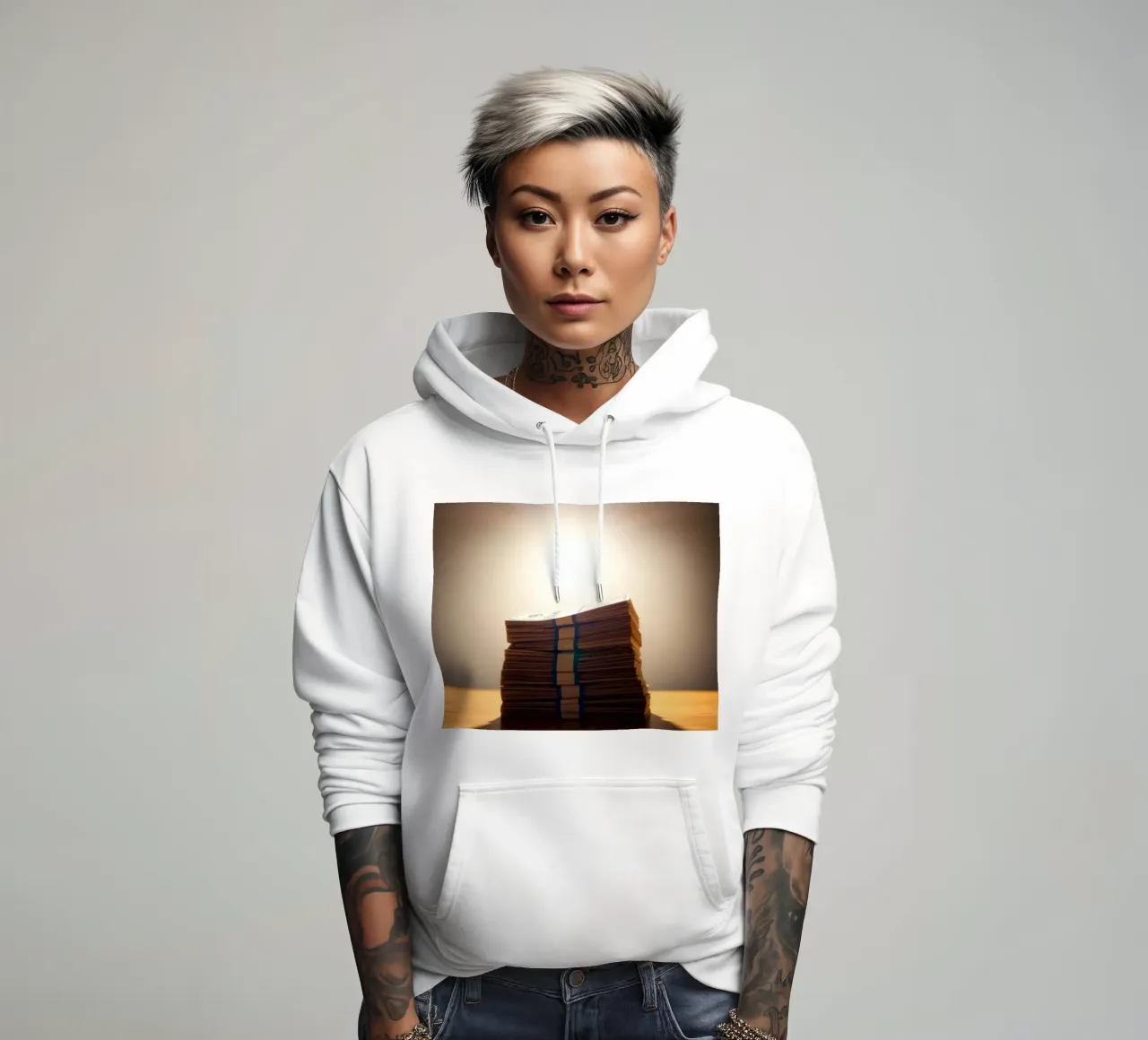 Le mazzette di banconote impilate sono illuminate da una luce soffusa in un ambiente poco illuminato. felpa con cappuccio da DesignDoodle