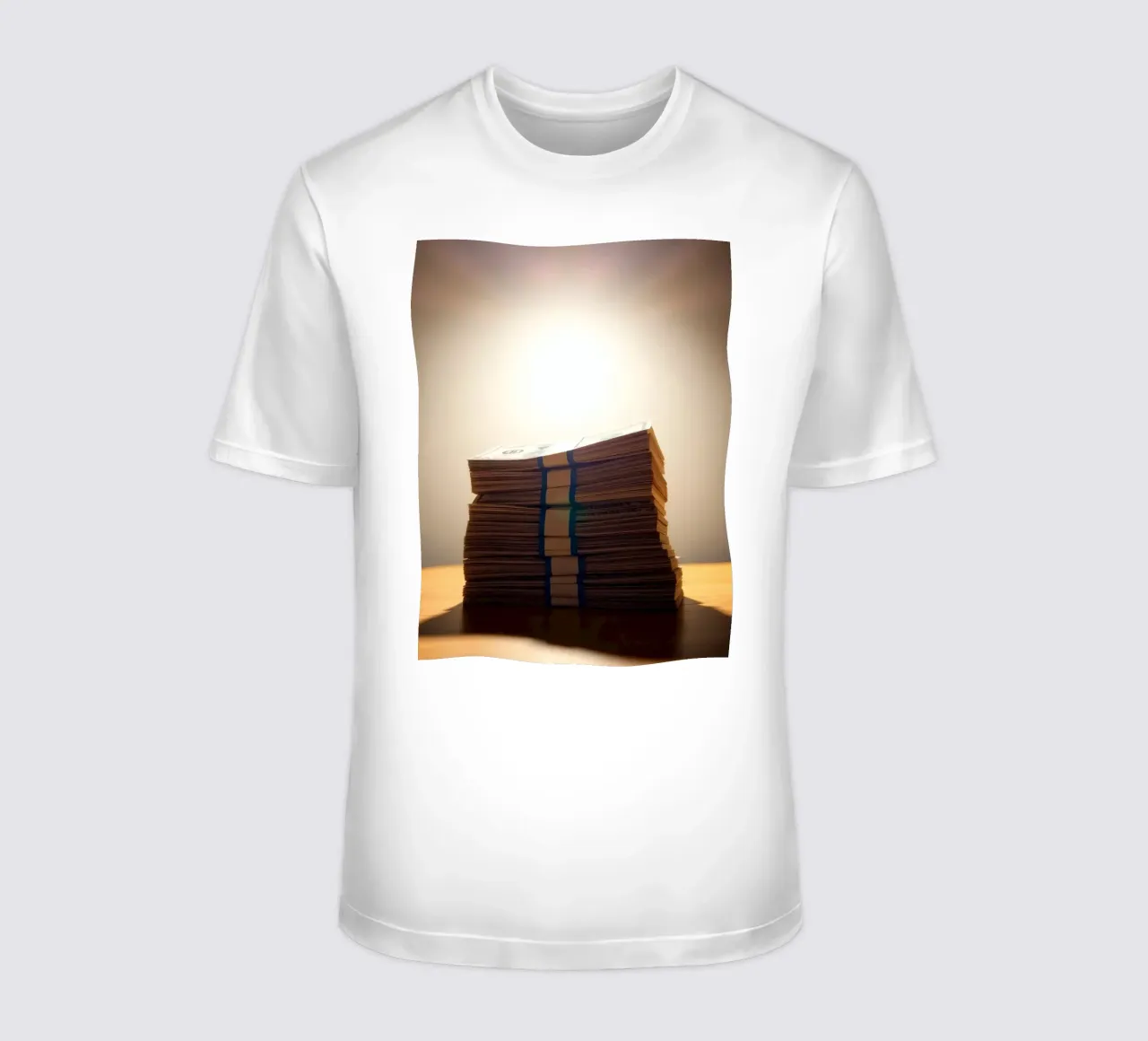 Le mazzette di banconote impilate sono illuminate da una luce soffusa in un ambiente poco illuminato. t-shirt da DesignDoodle