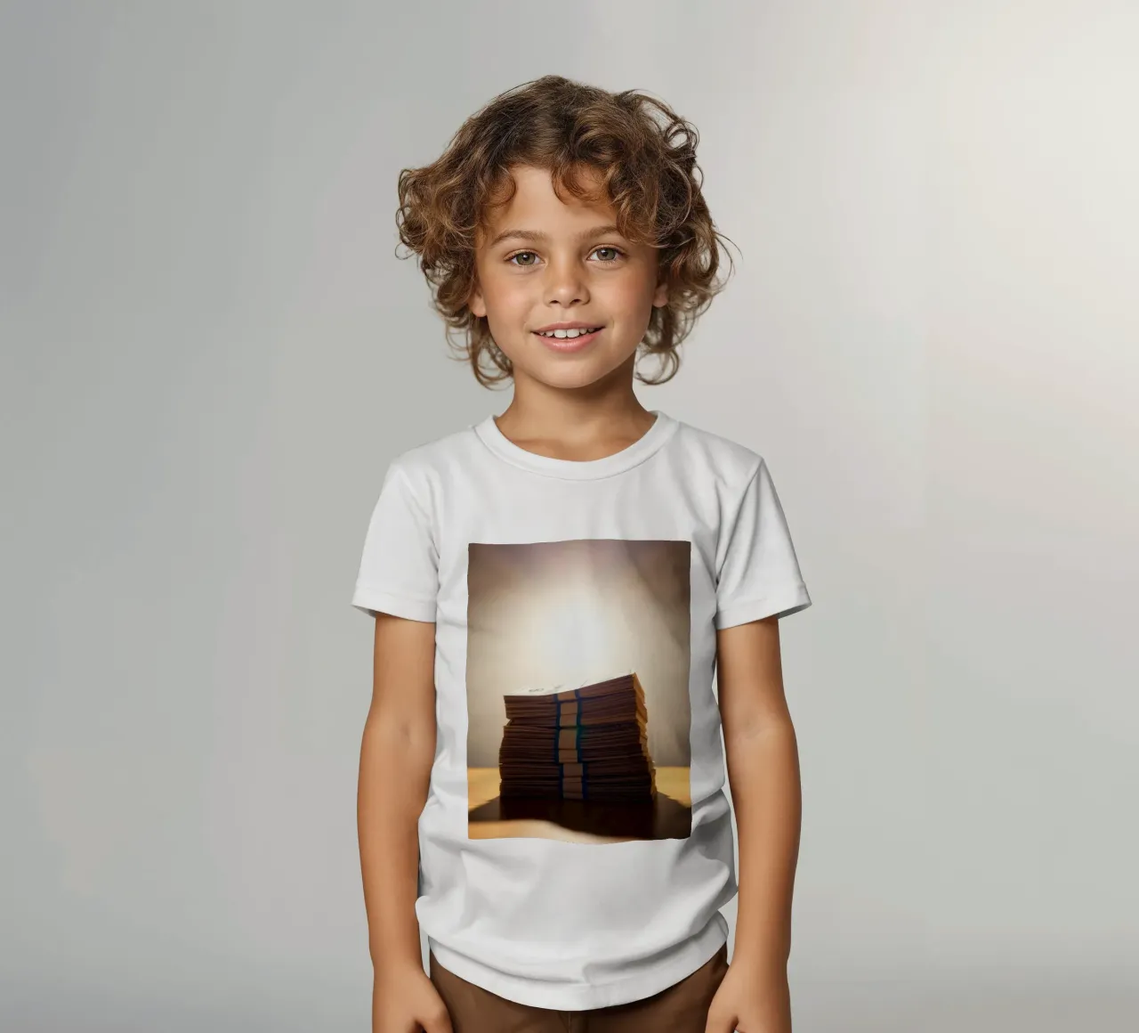Le mazzette di banconote impilate sono illuminate da una luce soffusa in un ambiente poco illuminato. t-shirt bambini da DesignDoodle