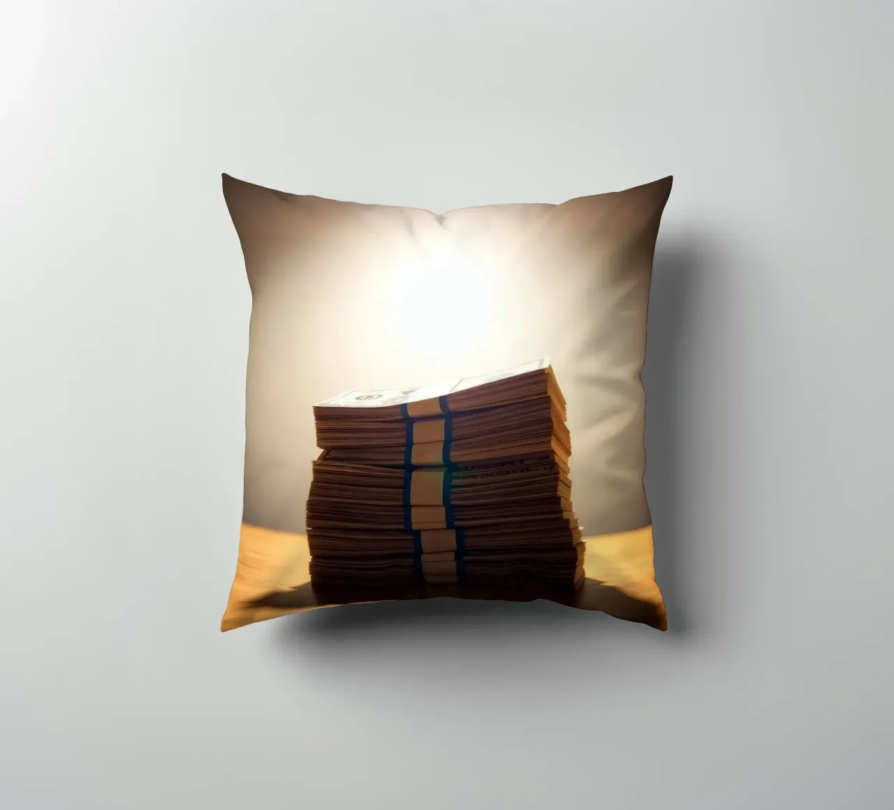 Le mazzette di banconote impilate sono illuminate da una luce soffusa in un ambiente poco illuminato. cuscino da DesignDoodle