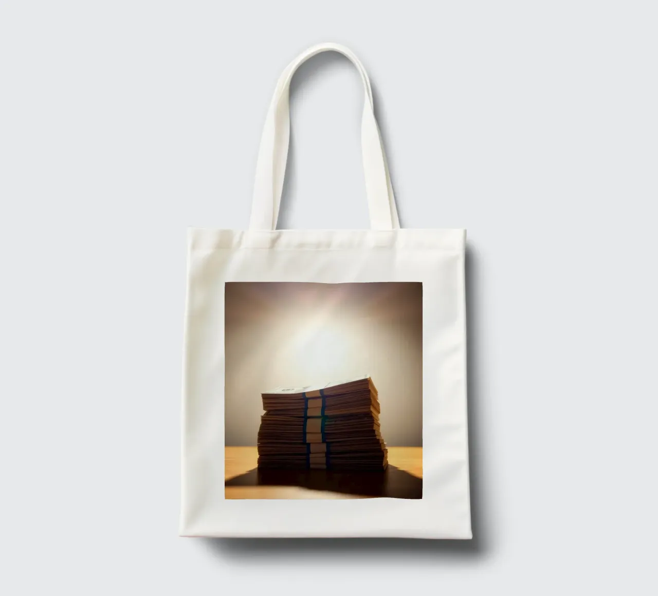 Le mazzette di banconote impilate sono illuminate da una luce soffusa in un ambiente poco illuminato. borsa in juta da DesignDoodle