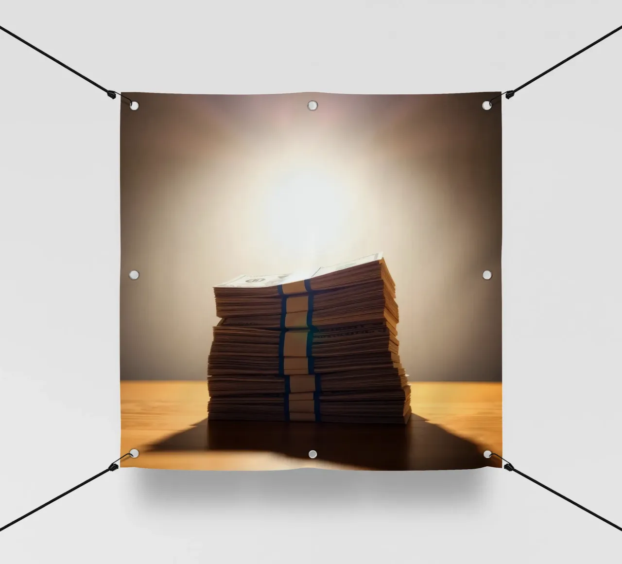 Le mazzette di banconote impilate sono illuminate da una luce soffusa in un ambiente poco illuminato. telo in pvc da DesignDoodle