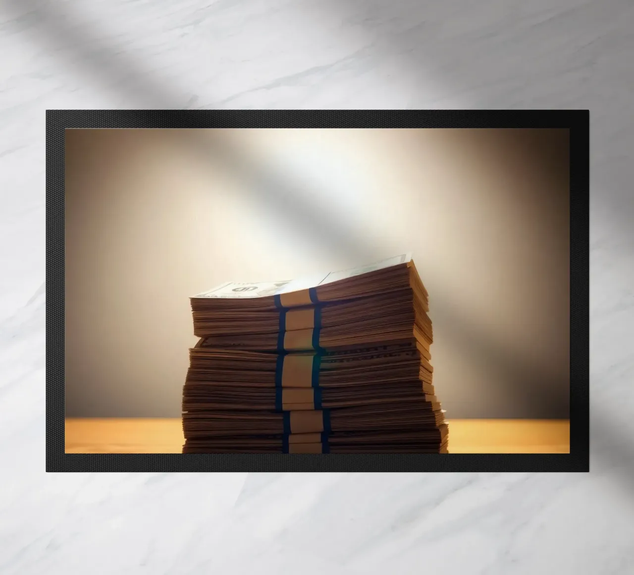 Stacked currency bundles illuminated by soft glow in a dimly doormat by DesignDoodle