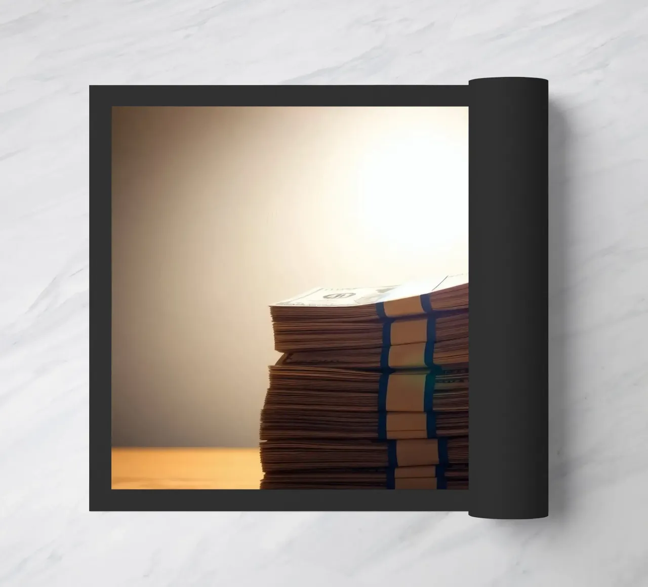 Stacked currency bundles illuminated by soft glow in a dimly doormat by DesignDoodle