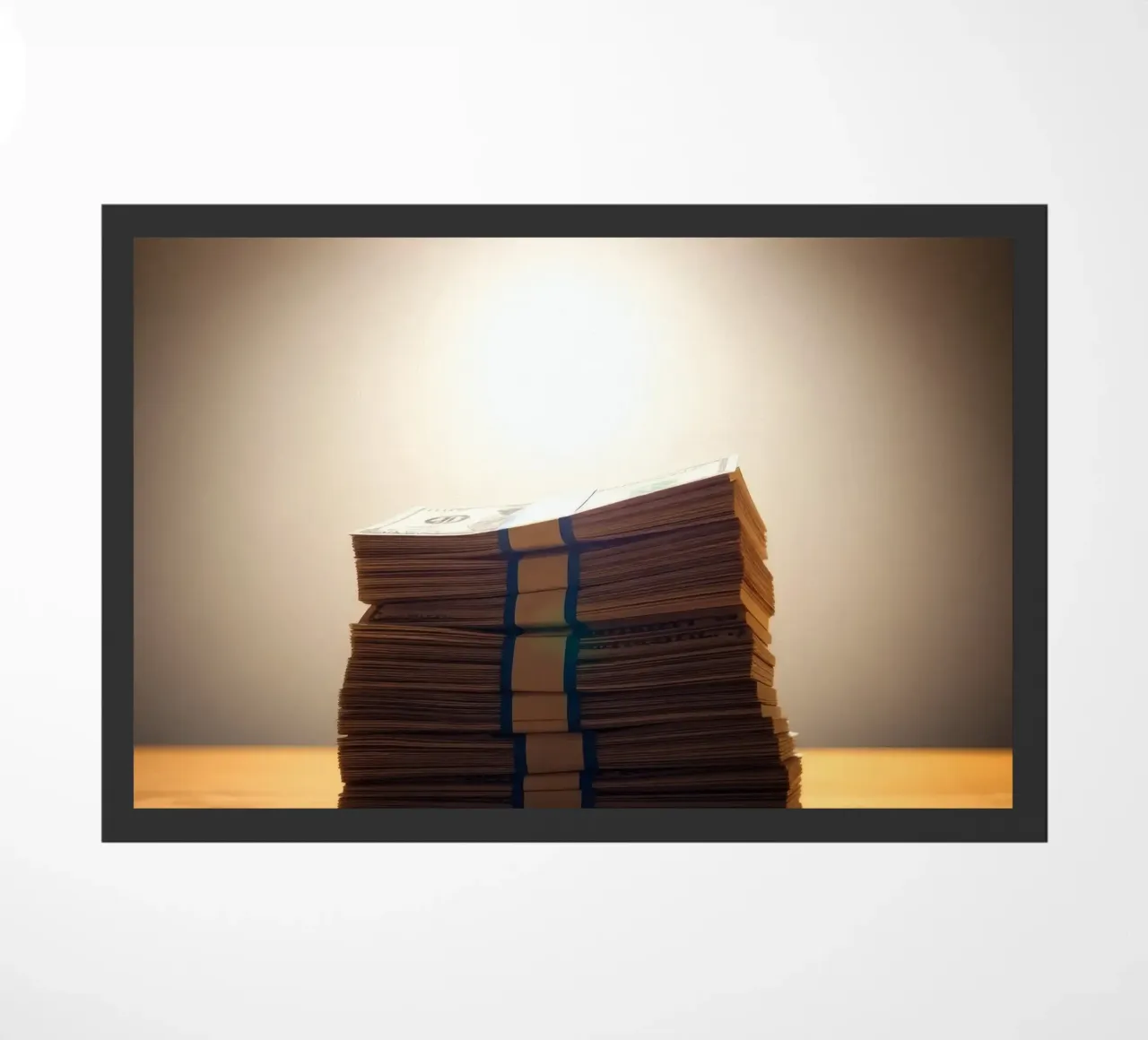 Stacked currency bundles illuminated by soft glow in a dimly doormat by DesignDoodle