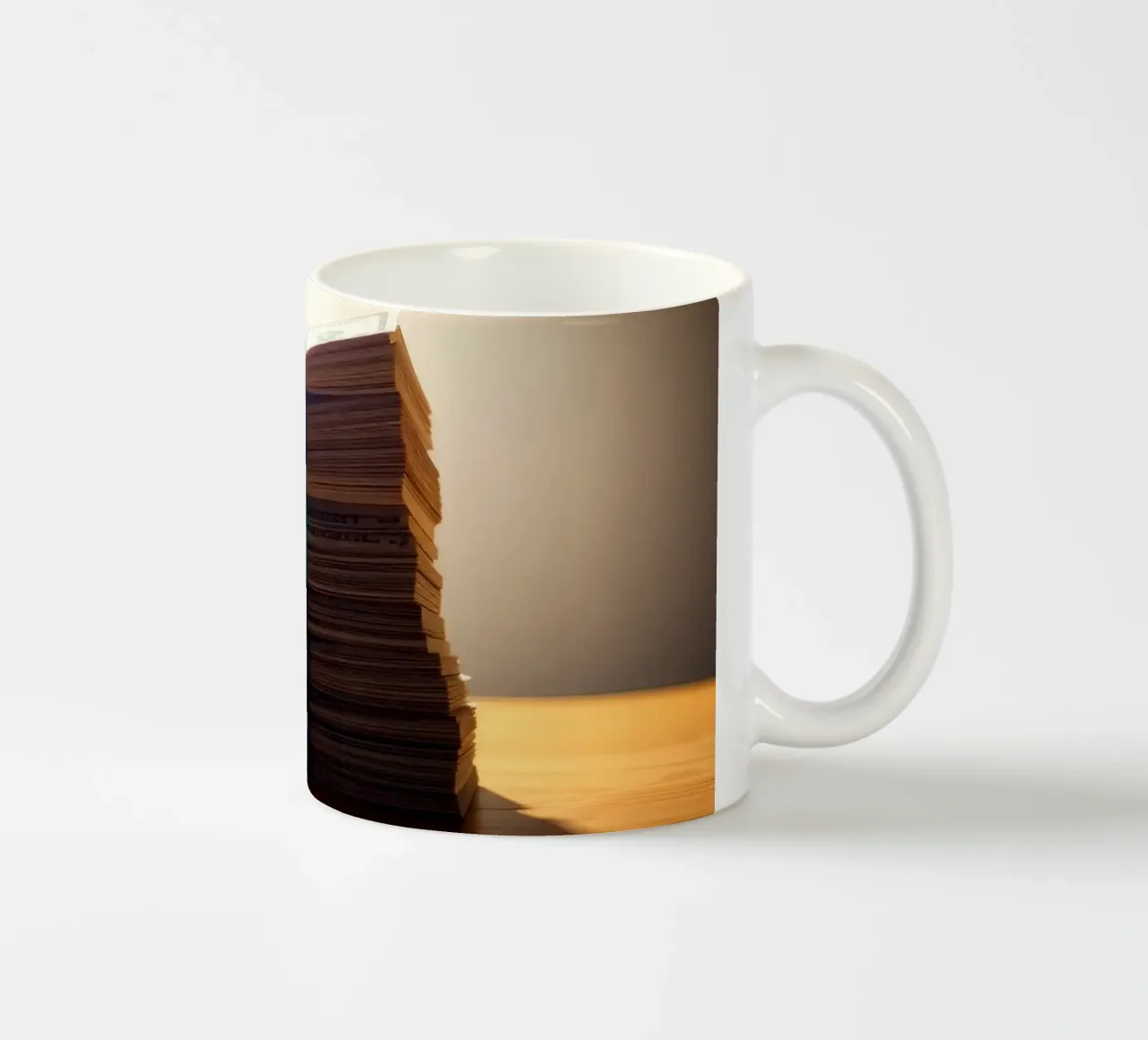 Le mazzette di banconote impilate sono illuminate da una luce soffusa in un ambiente poco illuminato. tazza in ceramica da DesignDoodle