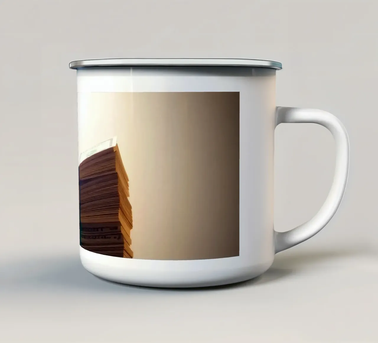 Le mazzette di banconote impilate sono illuminate da una luce soffusa in un ambiente poco illuminato. tazza in smalto da DesignDoodle