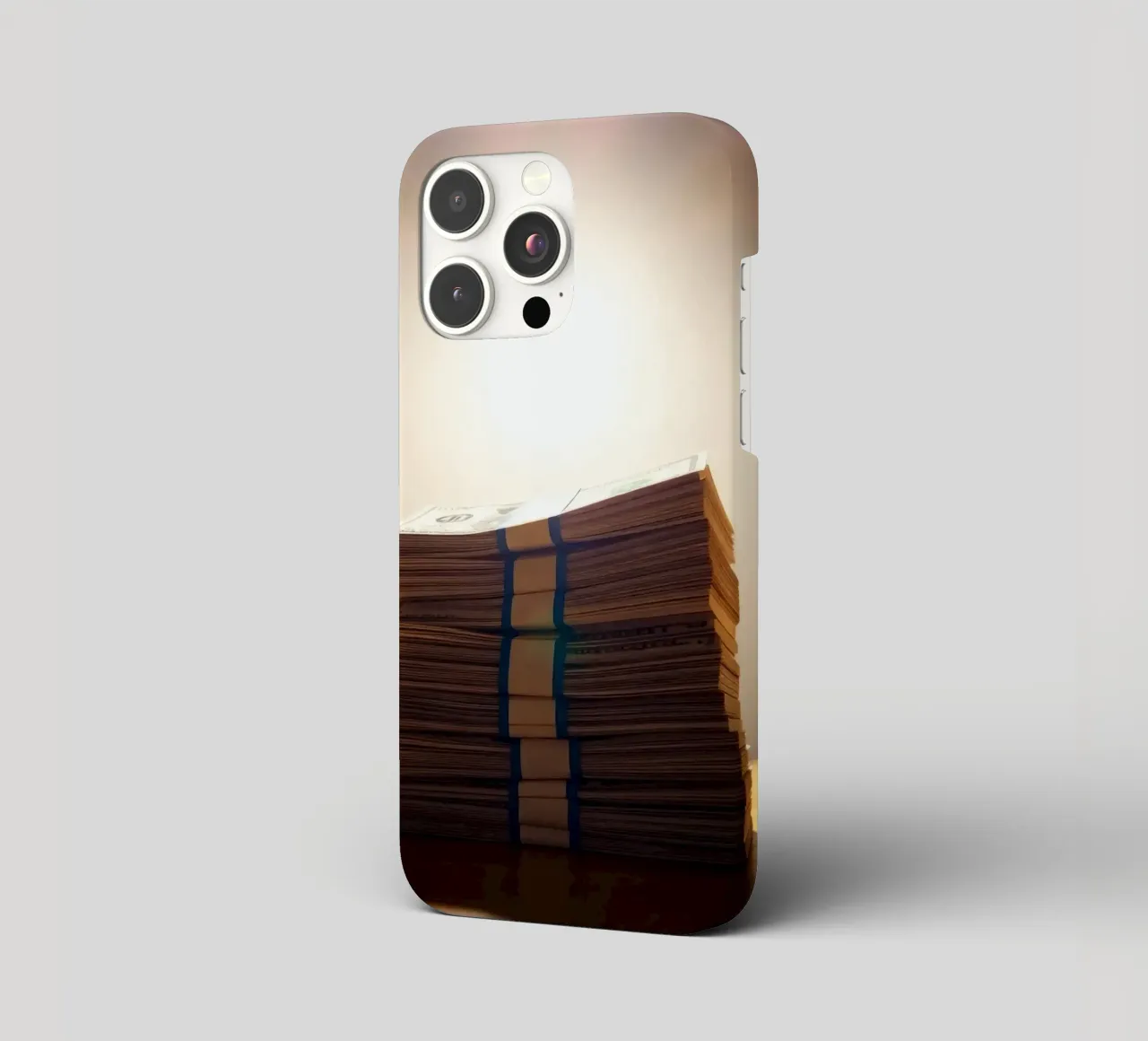 Stacked currency bundles illuminated by soft glow in a dimly iphone case by DesignDoodle