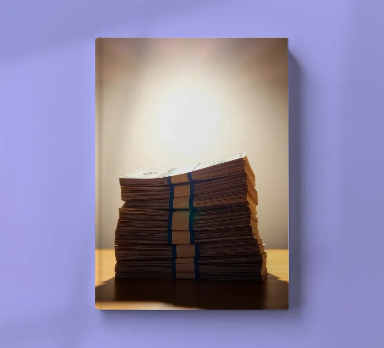 Stacked currency bundles illuminated by soft glow in a dimly notebook by DesignDoodle
