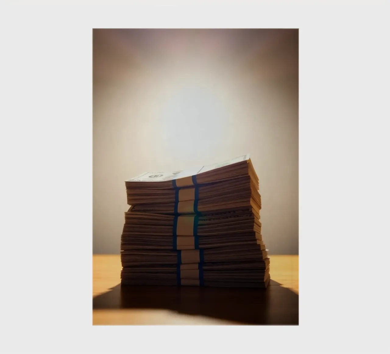 Stacked currency bundles illuminated by soft glow in a dimly notebook by DesignDoodle