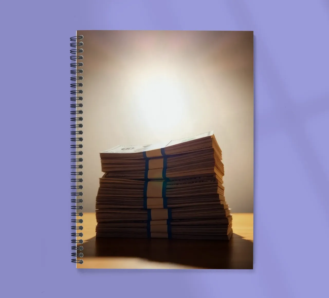 Stacked currency bundles illuminated by soft glow in a dimly spiral notebook by DesignDoodle