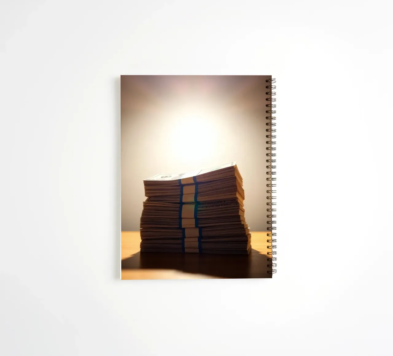 Stacked currency bundles illuminated by soft glow in a dimly spiral notebook by DesignDoodle