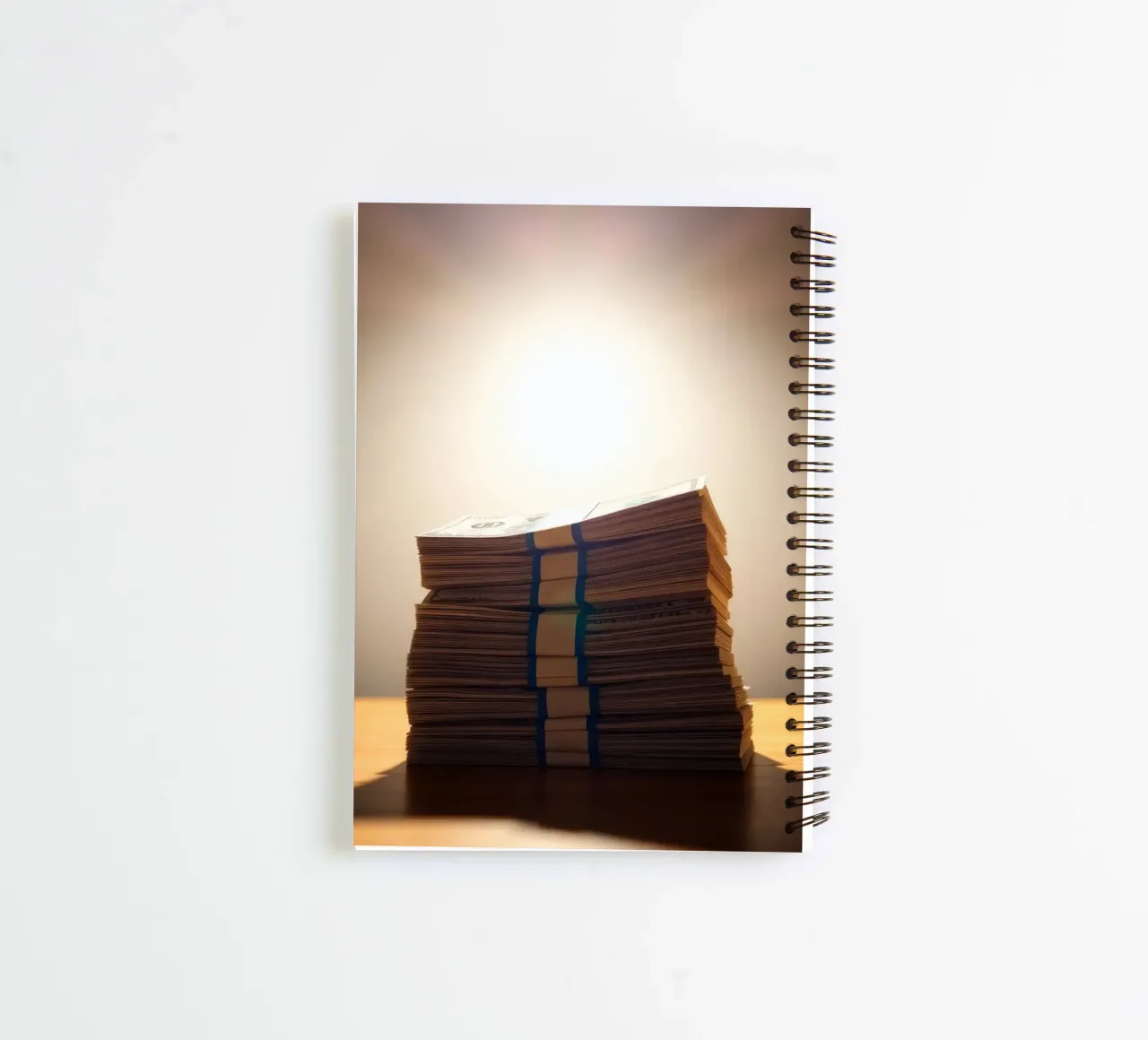 Stacked currency bundles illuminated by soft glow in a dimly spiral notebook by DesignDoodle