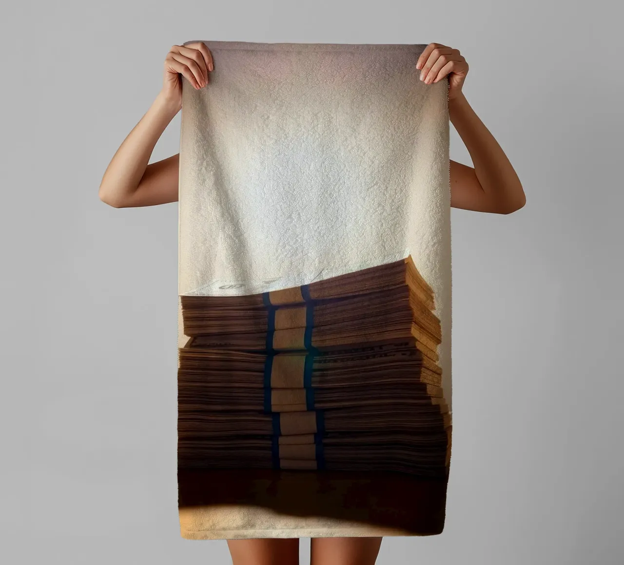 Stacked currency bundles illuminated by soft glow in a dimly towel by DesignDoodle