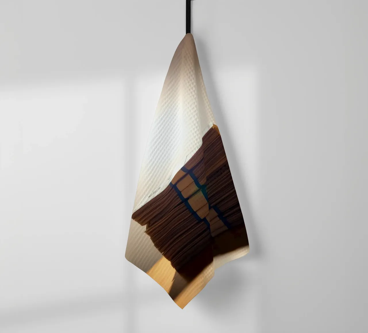 Le mazzette di banconote impilate sono illuminate da una luce soffusa in un ambiente poco illuminato. canovaccio da cucina da DesignDoodle