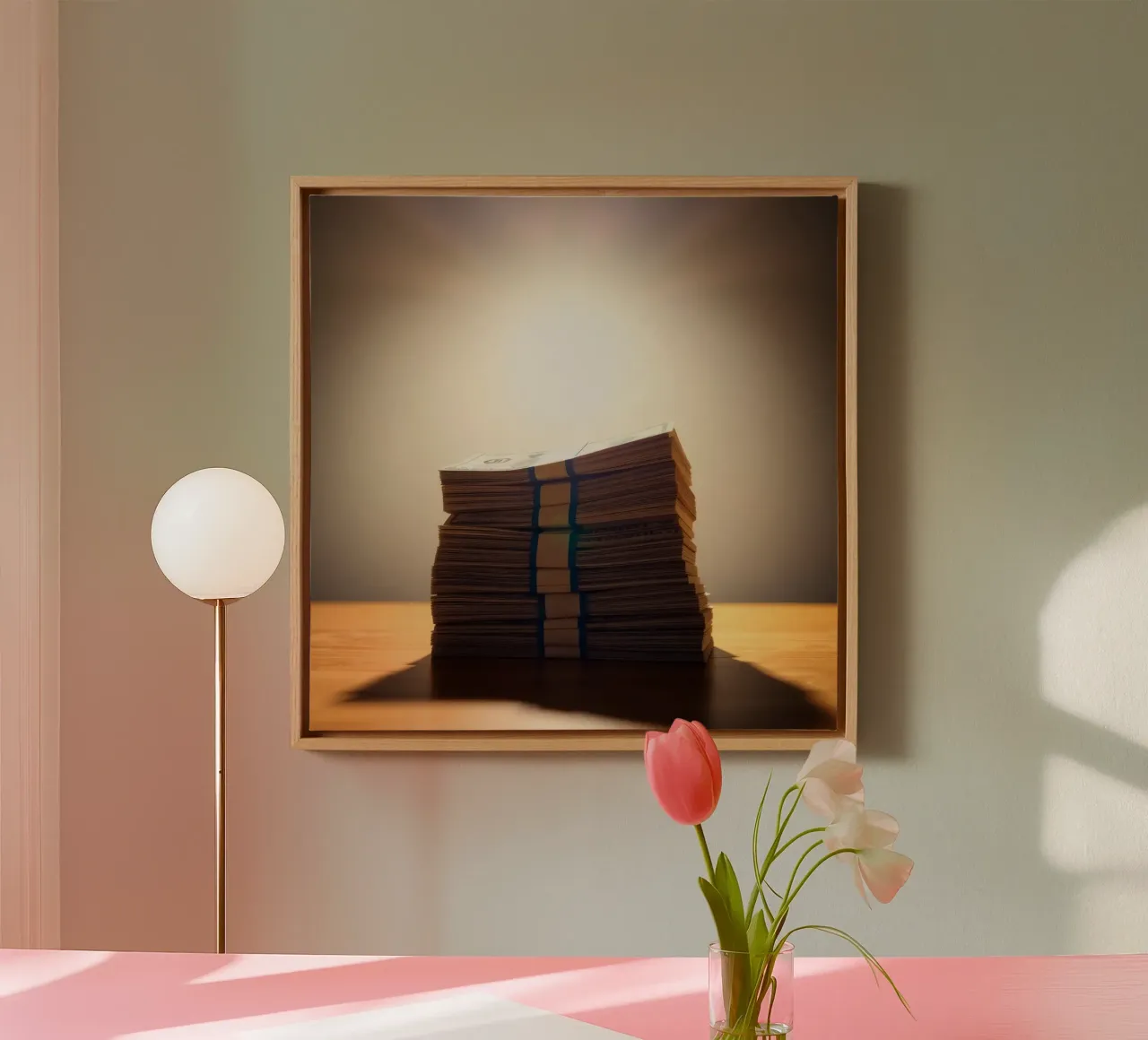 Stacked currency bundles illuminated by soft glow in a dimly canvas by DesignDoodle