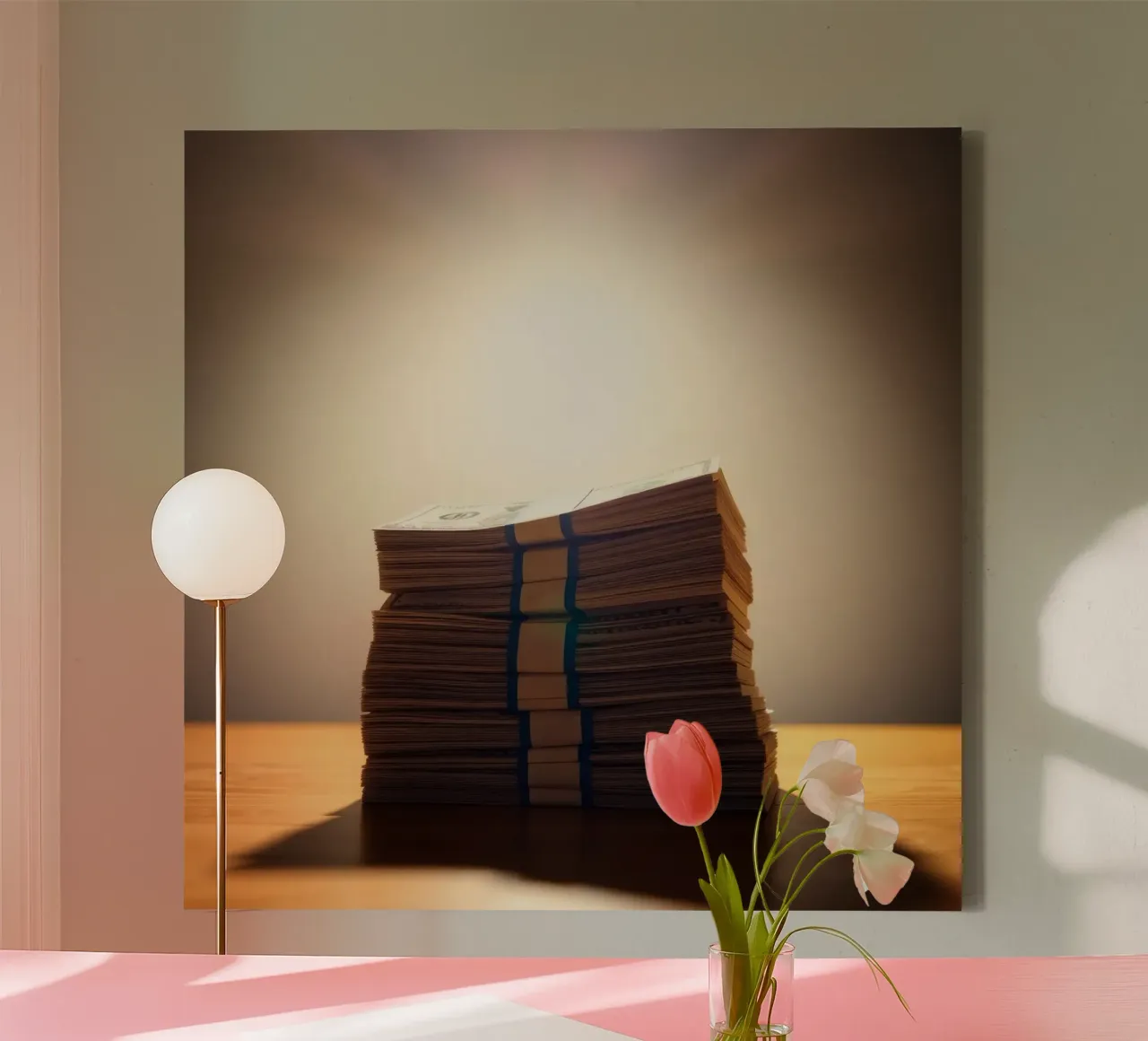 Stacked currency bundles illuminated by soft glow in a dimly canvas by DesignDoodle