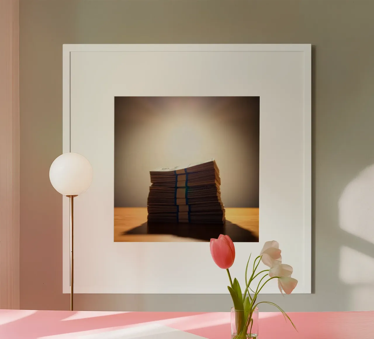 Stacked currency bundles illuminated by soft glow in a dimly hahnemühle by DesignDoodle