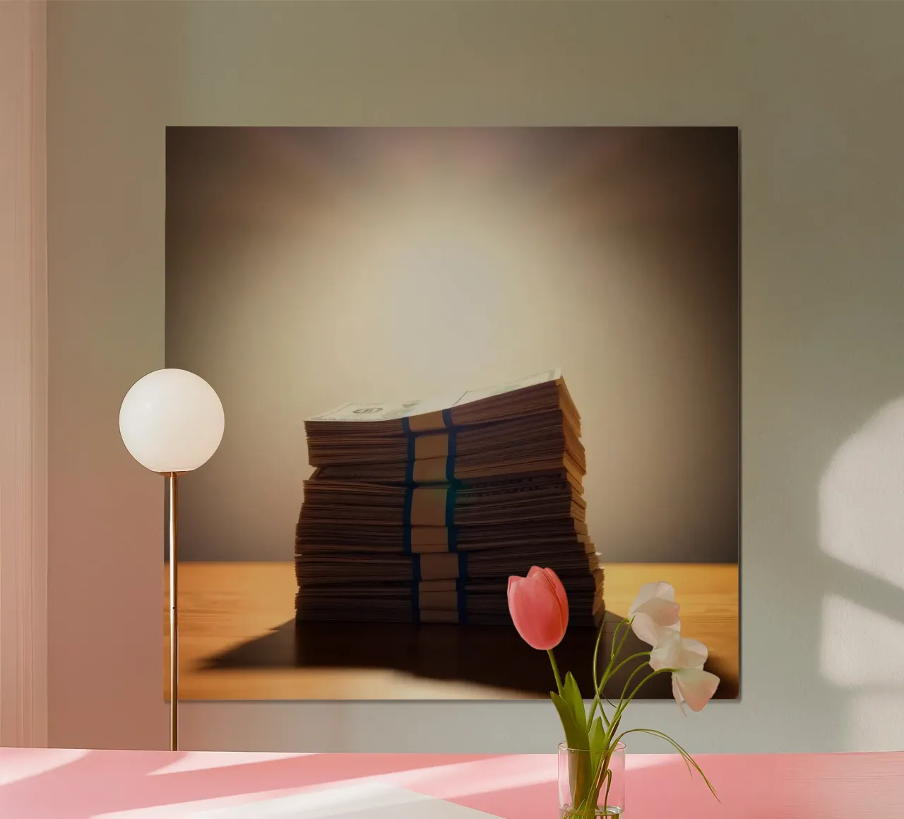 Stacked currency bundles illuminated by soft glow in a dimly hahnemühle by DesignDoodle