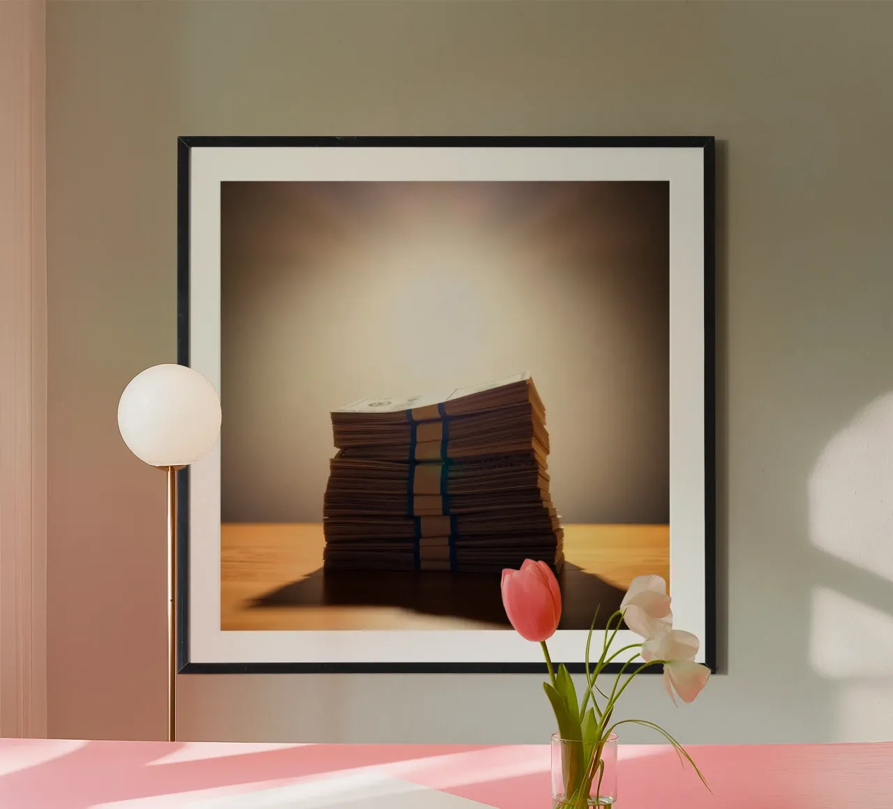 Stacked currency bundles illuminated by soft glow in a dimly hahnemühle by DesignDoodle