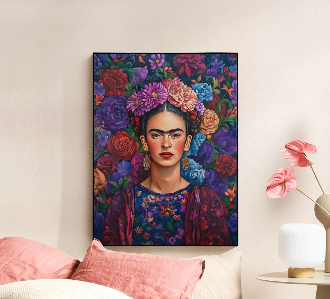 Frida Kahlo - lila Blumenmuster Acryl-Glas von Carinaprint
