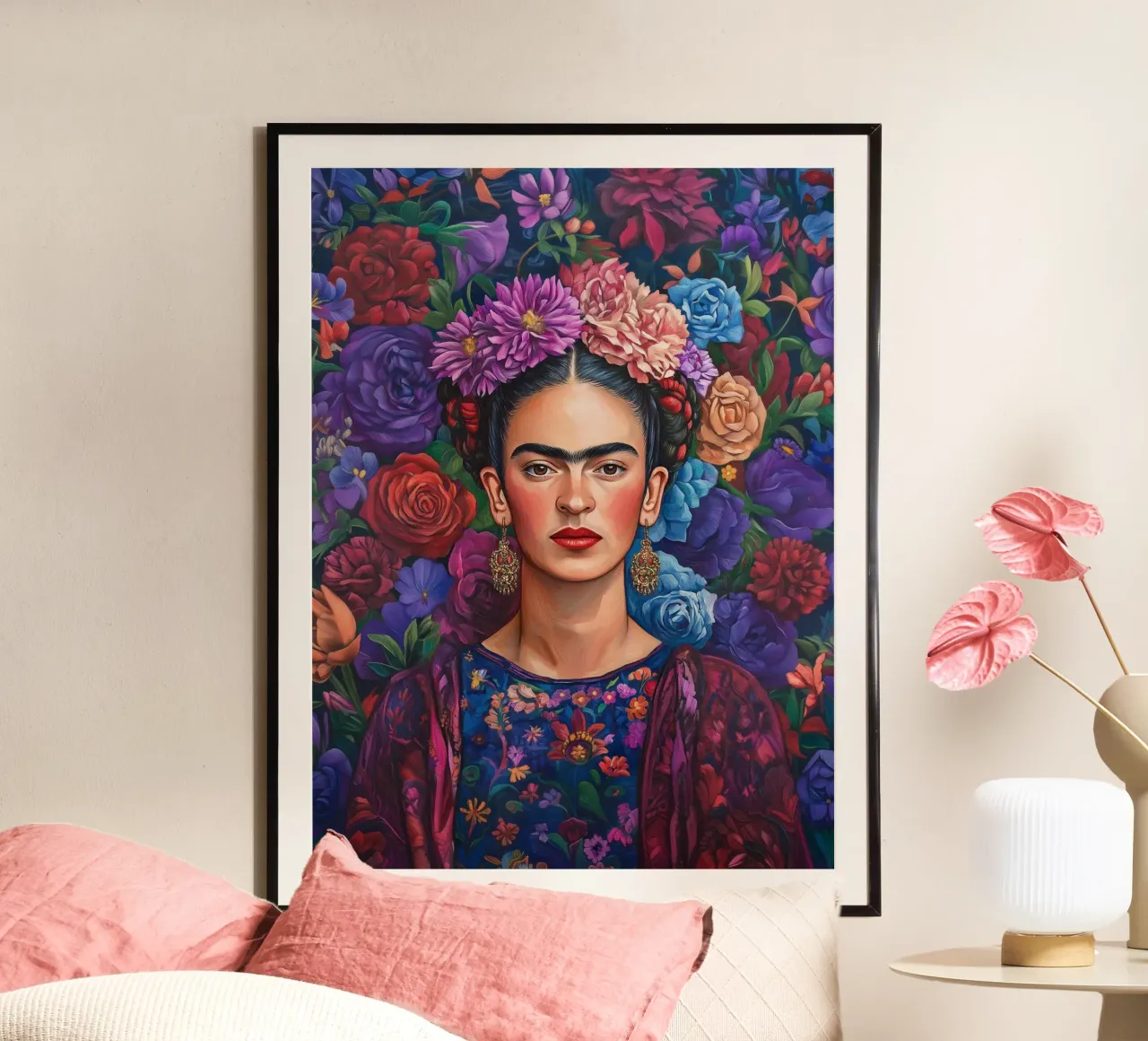 Frida Kahlo - purple floral pattern hahnemühle by Carinaprint