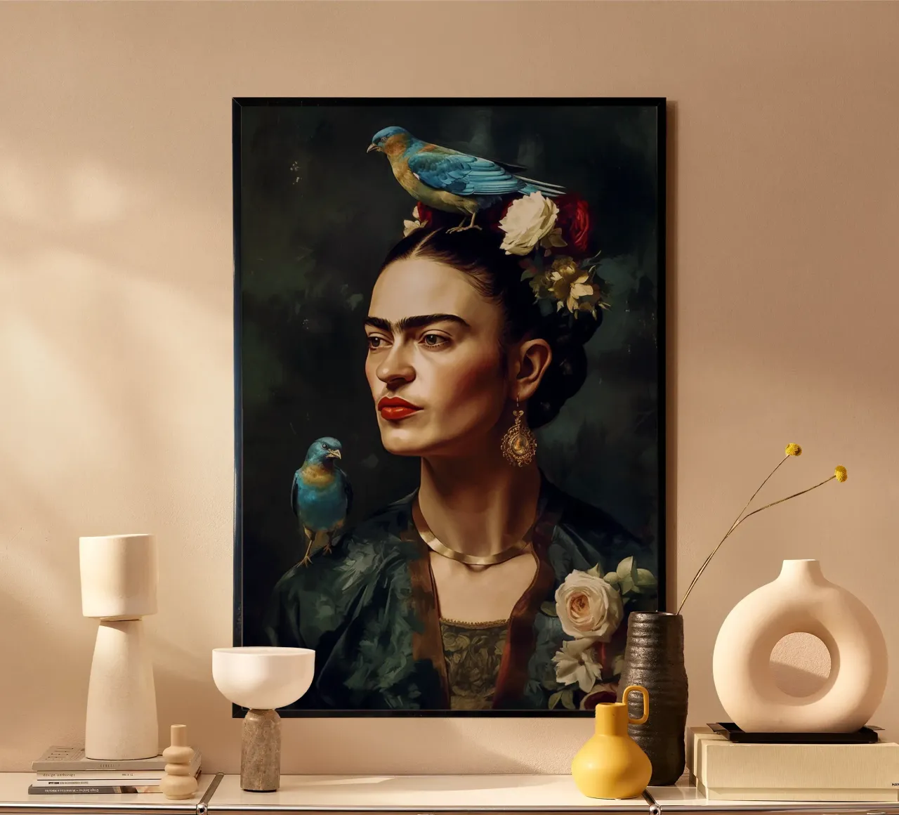 Frida Kahlo, Amore per gli uccelli poster con telaio in alluminio da Carinaprint