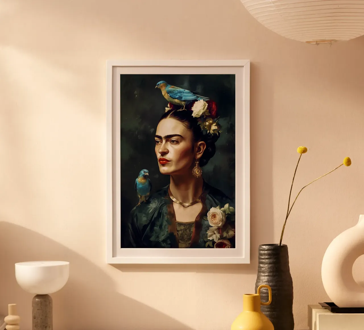 Frida Kahlo, Amore per gli uccelli poster con telaio in alluminio da Carinaprint