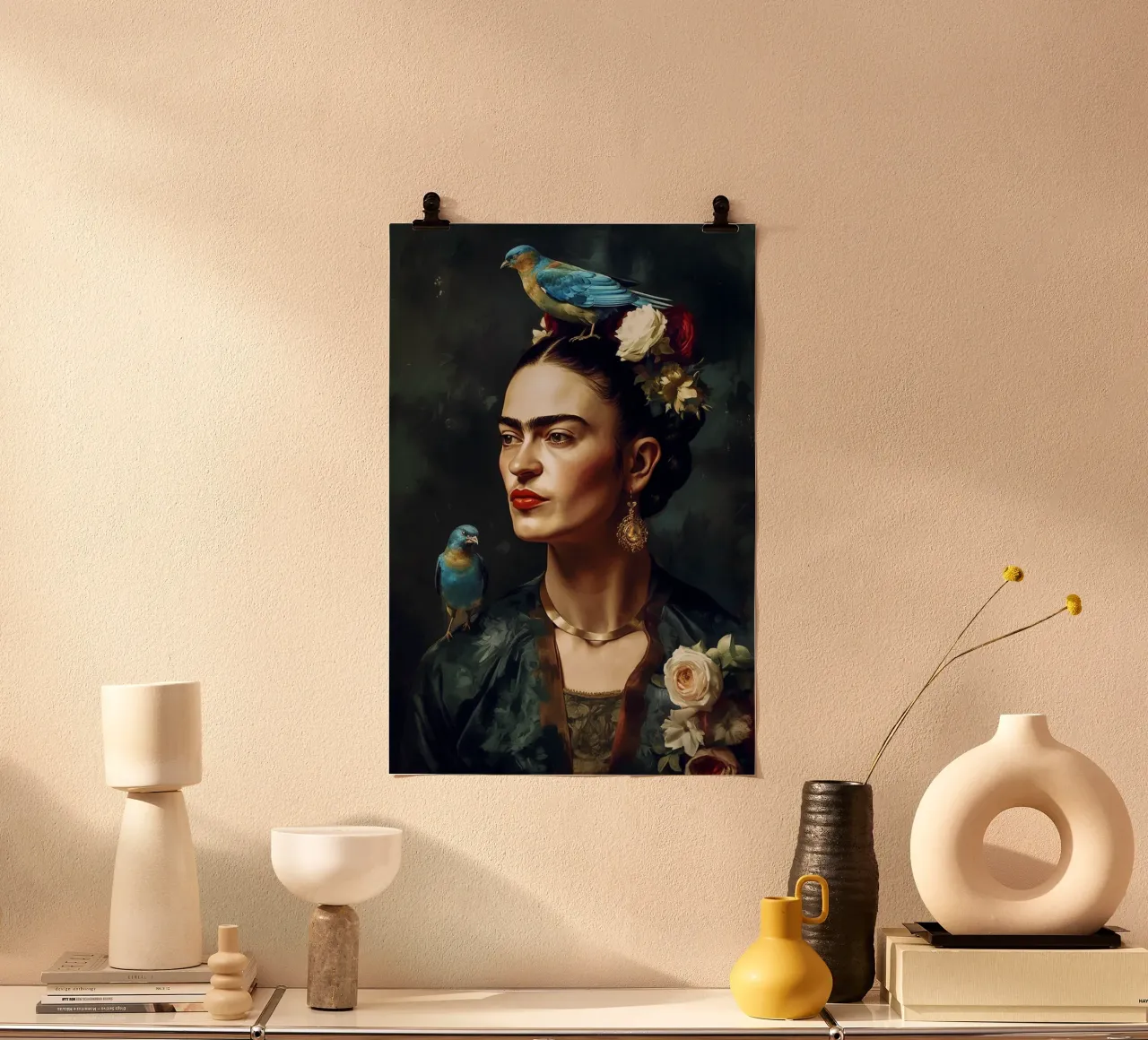Frida Kahlo, Amore per gli uccelli poster con telaio in alluminio da Carinaprint