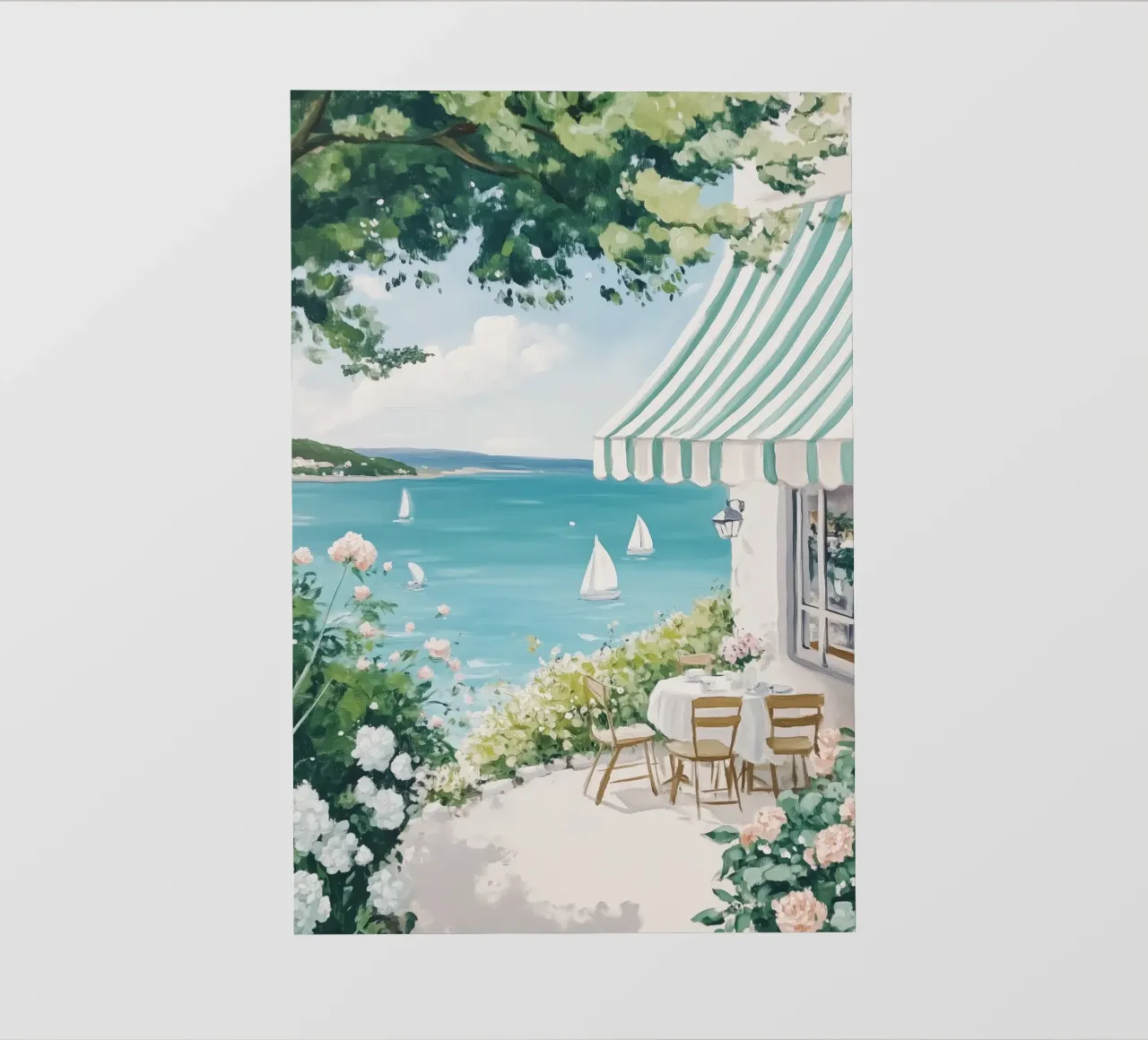 Caffè costiero con barche a vela telo in pvc da Melloi Art Print