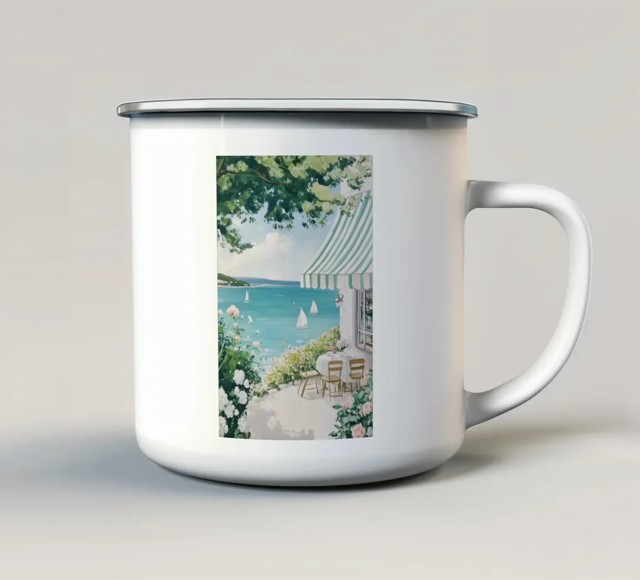 Caffè costiero con barche a vela tazza in smalto da Melloi Art Print
