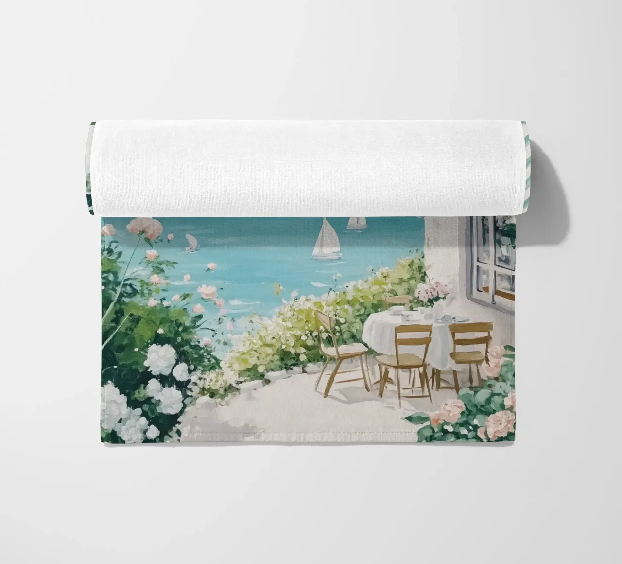Caffè costiero con barche a vela telo mare da Melloi Art Print