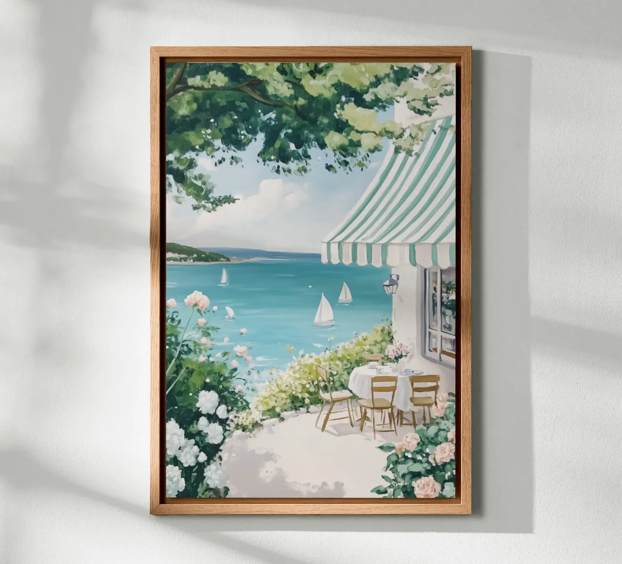 Caffè costiero con barche a vela alluminio dibond da Melloi Art Print