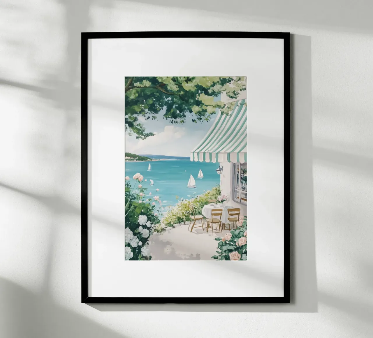 Caffè costiero con barche a vela carta hahnemühle da Melloi Art Print