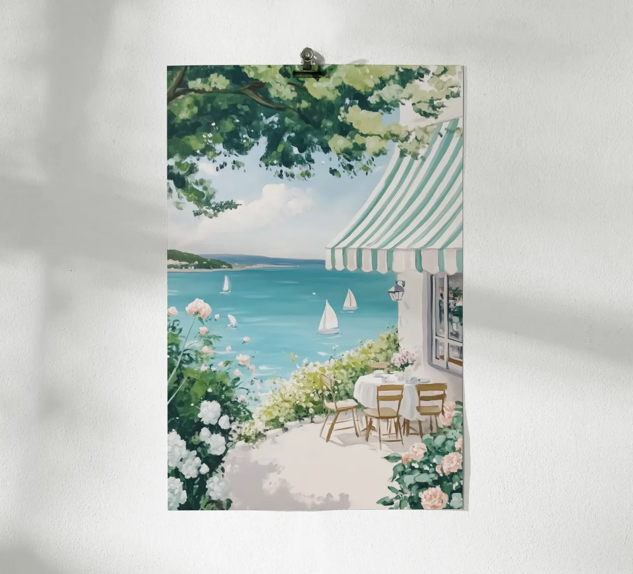 Caffè costiero con barche a vela carta hahnemühle da Melloi Art Print