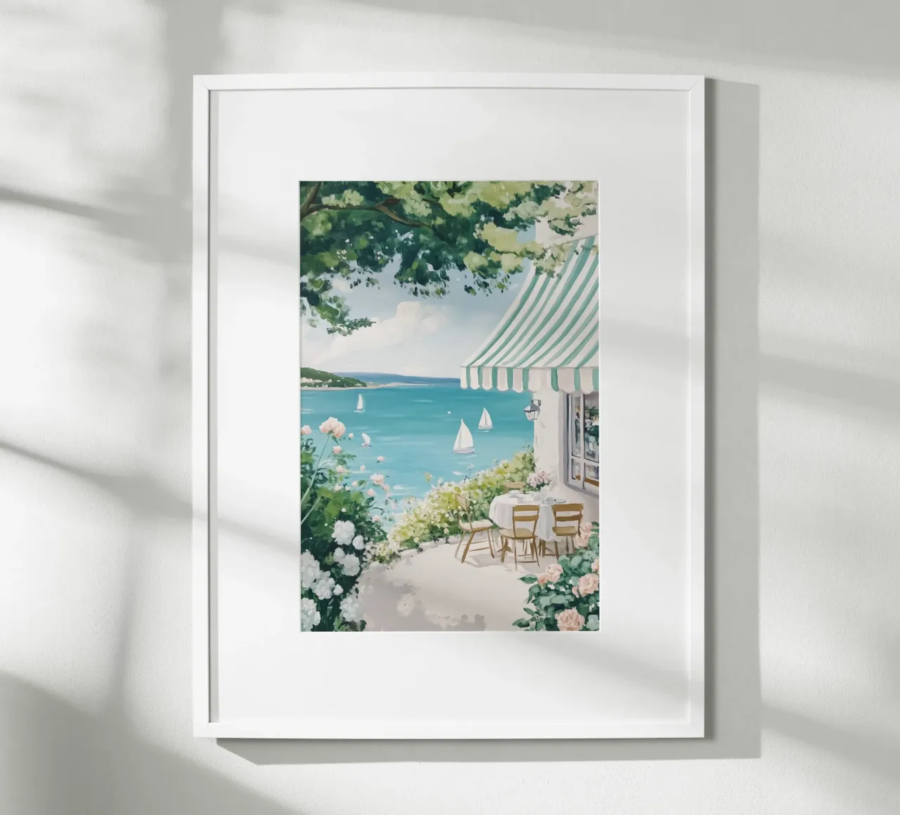 Caffè costiero con barche a vela carta hahnemühle da Melloi Art Print
