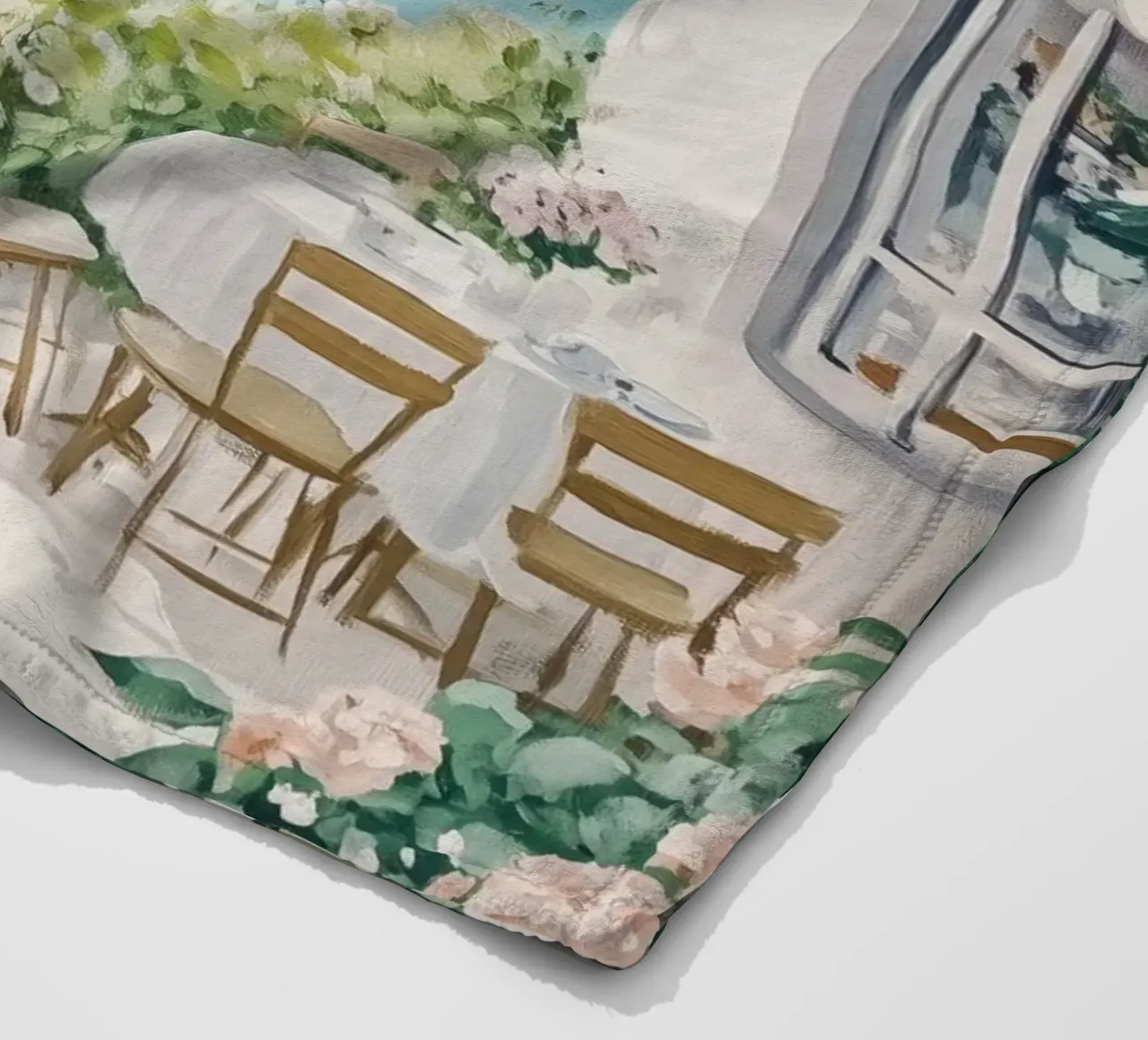 Caffè costiero con barche a vela coperta in pile da Melloi Art Print