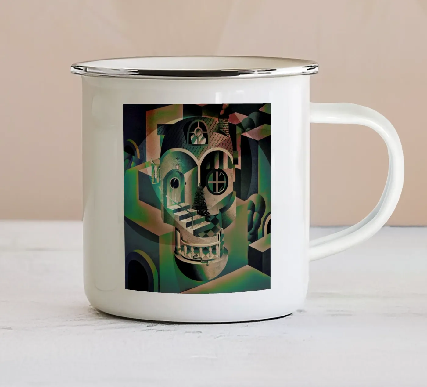 Utopia enamel mug by Ali Gulec