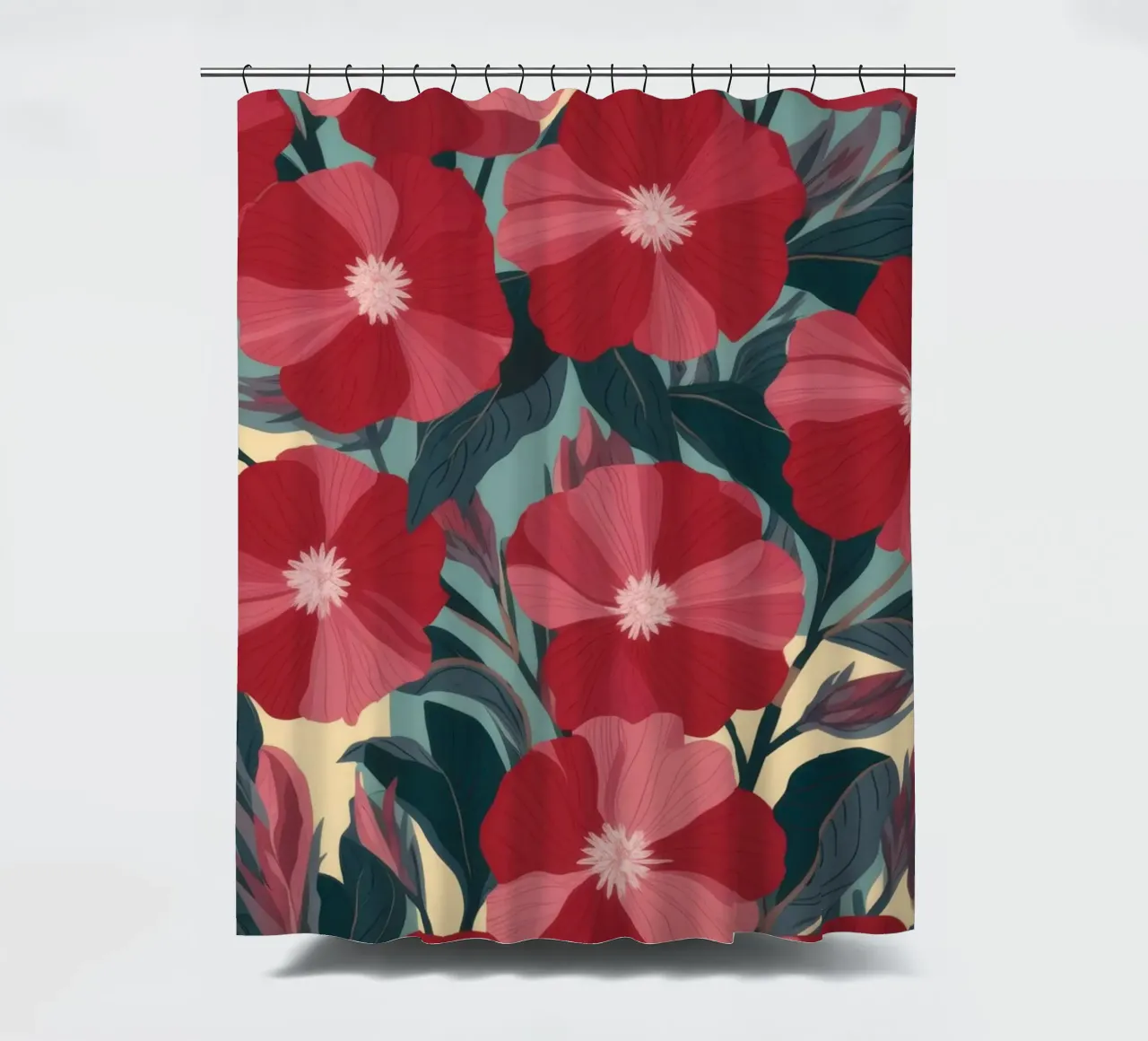 Strahlend rote Blüten Duschvorhang von Atelier Tiga